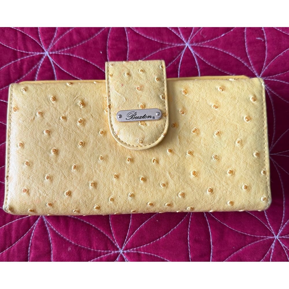 Buxton Snap Closure Wallet Yellow Faux Ostrich Leather Womens